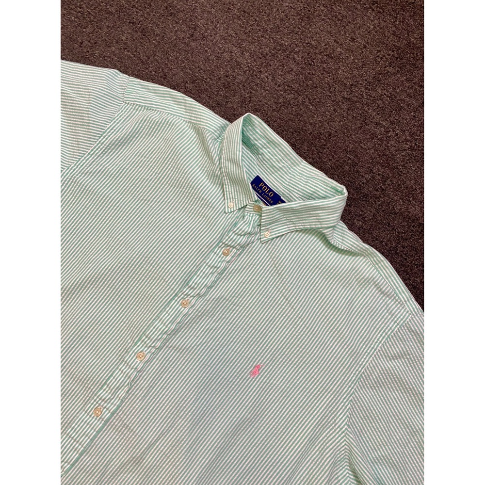 Polo Ralph Lauren Seersucker Button Down Shirt Teal White Striped Mens 3XLT Pony